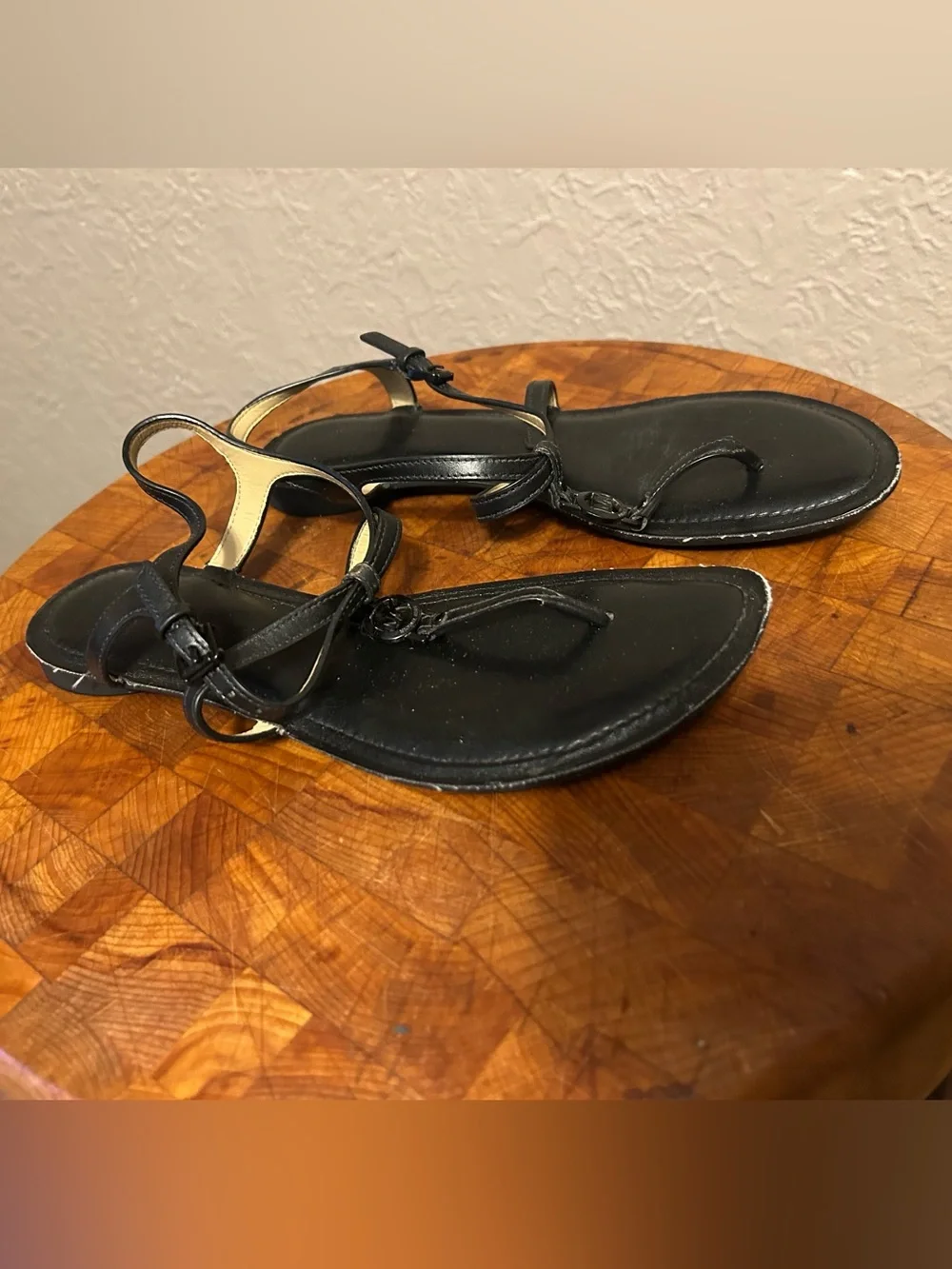 Michael Kors Black Leather Thong Sandals with Gold Accents